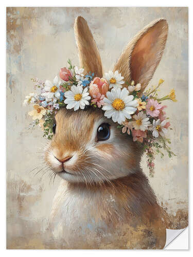 Wandsticker Vintage Osterhase mit Blumenkranz