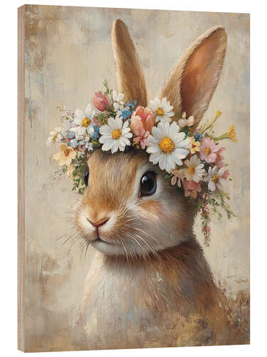 Trätavla Vintage Easter Bunny with Floral Wreath