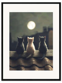 Framed art print Three kittens in the moonlight
