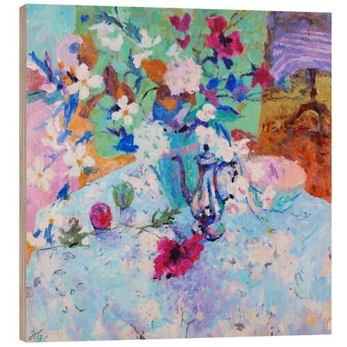 Tableau en bois Still life with flowers and coffee