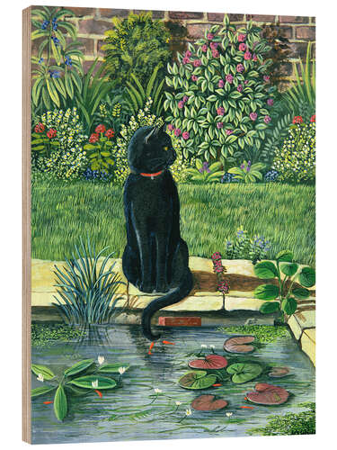Wood print Black cat at a pond