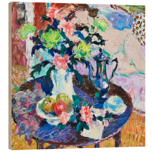 Quadro de madeira Still Life with Chrysanthemums, Roses and Coffee Pot III