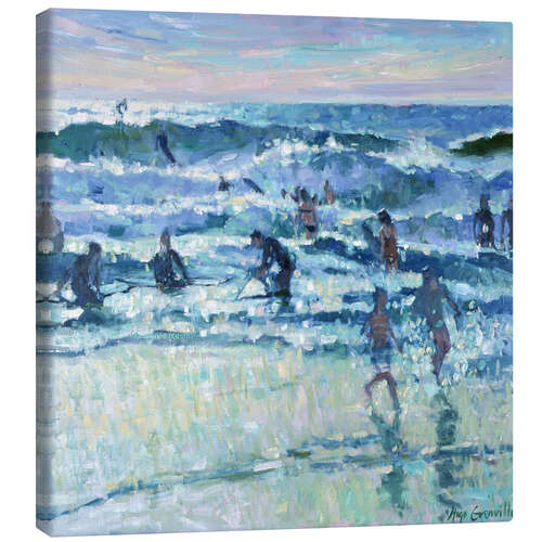 Canvas print Surfing at Polzeath in the evening light