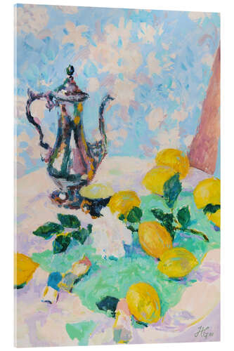 Acrylglas print Still Life With Lemons, Coffee Pot and White Rose