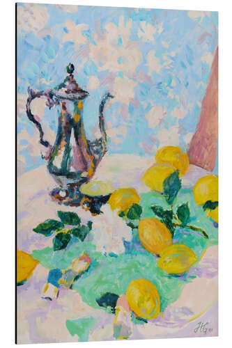 Aluminium print Still Life With Lemons, Coffee Pot and White Rose