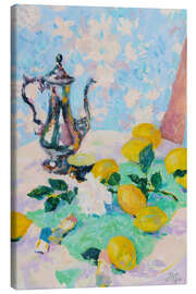 Stampa su tela Still Life With Lemons, Coffee Pot and White Rose - Hugo Grenville