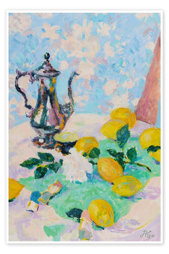 Poster Still Life With Lemons, Coffee Pot and White Rose