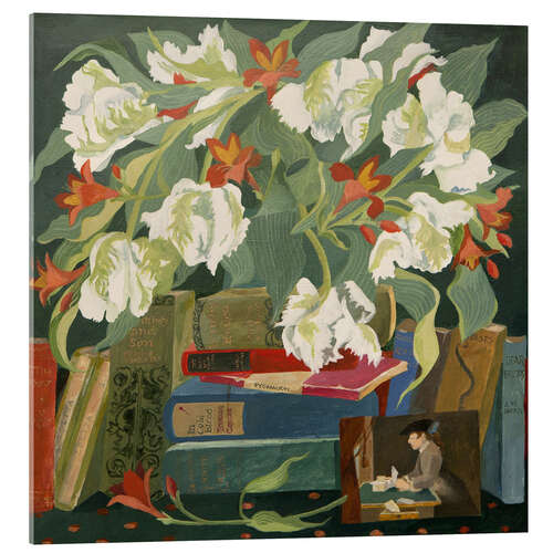 Tableau en verre acrylique Tulips, Books and Postcards