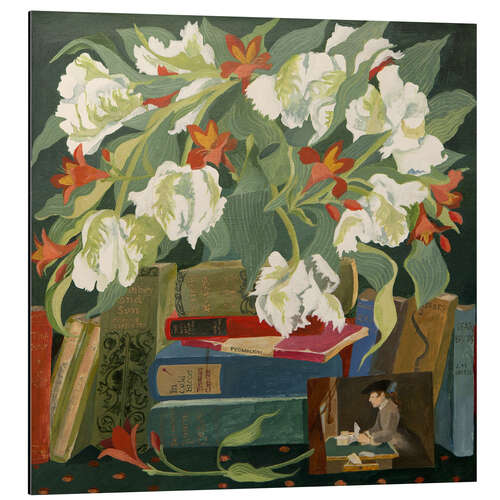 Aluminium print Tulips, Books and Postcards
