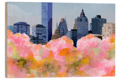 Tableau en bois New York and cherry blossoms