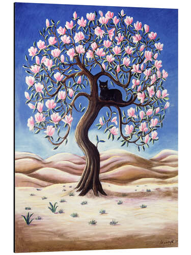 Alubild Schwarze Katze auf einem Magnolienbaum