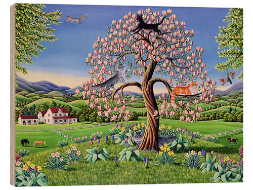 Wood print Cats in a magnolia tree