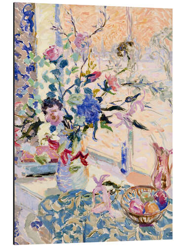 Aluminium print Flowers at the window, evening light, snow outside