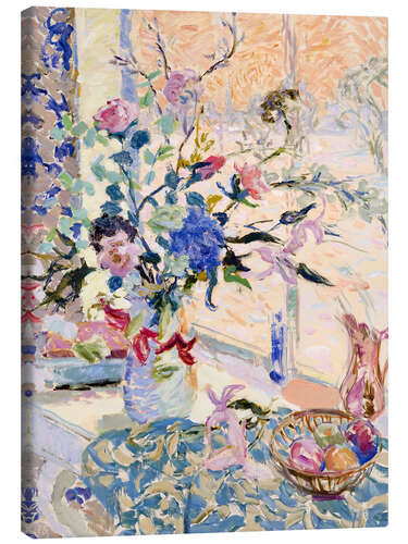 Leinwandbild Blumen am Fenster, Abendlicht, Schnee draußen