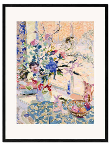 Gerahmter Kunstdruck Blumen am Fenster, Abendlicht, Schnee draußen