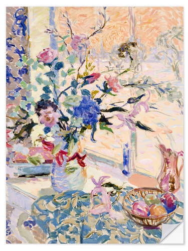 Sticker mural Flowers at the window, evening light, snow outside
