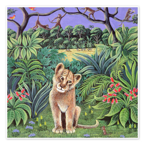 Póster Lion cub and mouse