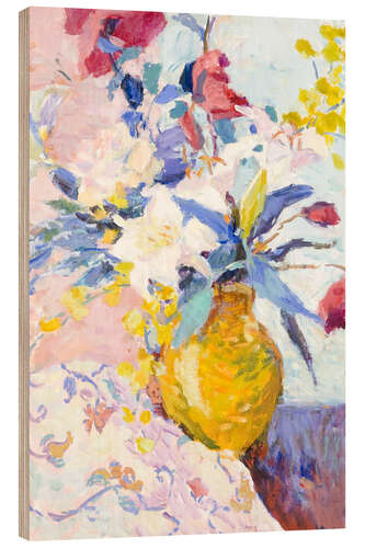 Wood print Still life with lilies and yellow vase