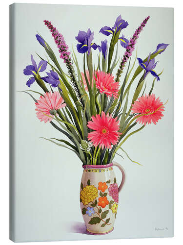 Leinwandbild Iris und Gerbera in einem holländischen Krug