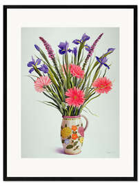 Gerahmter Kunstdruck Iris und Gerbera in einem holländischen Krug