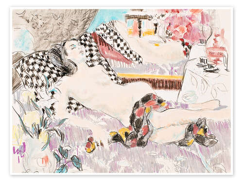 Poster Reclining Nude with Chequered Pillow