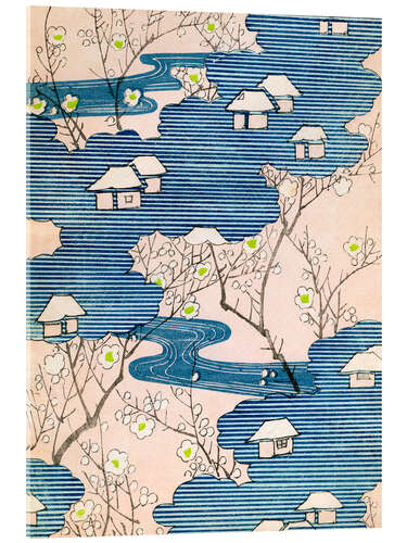 Stampa su vetro acrilico Kimono design: Cottages with rivers and cherry blossoms