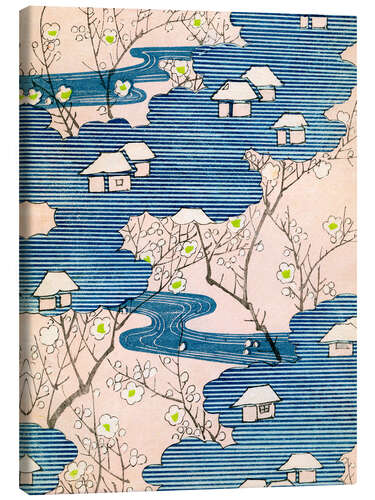 Leinwandbild Kimono-Design: Cottages mit Flüssen und Kirschblüten