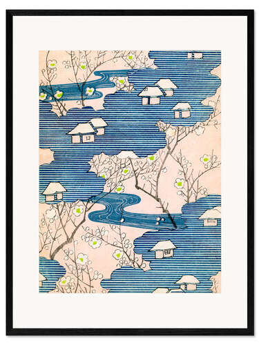 Framed art print Kimono design: Cottages with rivers and cherry blossoms