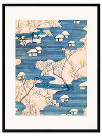 Framed art print Kimono design: Cottages with rivers and cherry blossoms