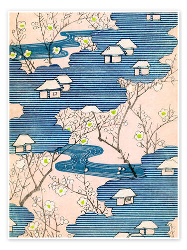 Poster Kimono design: Cottages with rivers and cherry blossoms