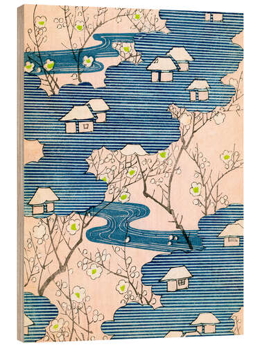 Holzbild Kimono-Design: Cottages mit Flüssen und Kirschblüten
