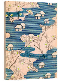 Holzbild Kimono-Design: Cottages mit Flüssen und Kirschblüten