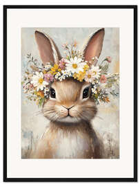 Gerahmter Kunstdruck Vintage Osterhase mit Blumenkranz - TAlex