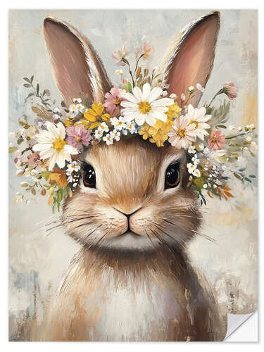 Wandsticker Vintage Osterhase mit Blumenkranz