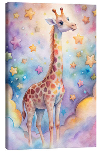 Stampa su tela Giraffe in the world of clouds and stars