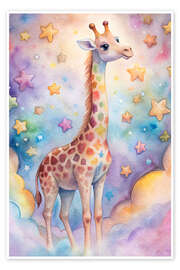 Póster Giraffe in the world of clouds and stars - nobelart