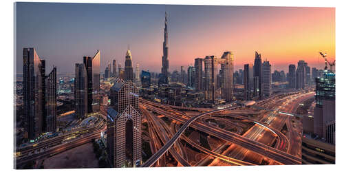 Acrylglasbild Sonnenuntergang über der Skyline von Dubai