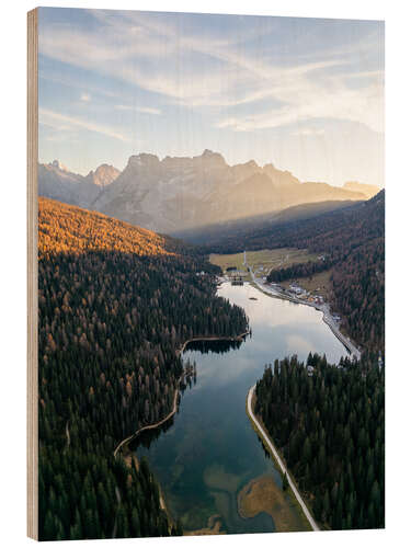 Holzbild Sonnenuntergang am Lago Misurina in den Dolomiten