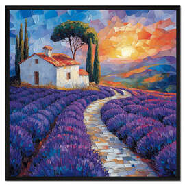 Gerahmter Kunstdruck Lavendelfeld bei Sonnenuntergang