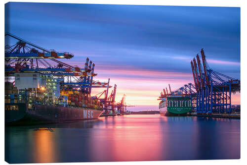 Canvas print Sunset in the port of Hamburg
