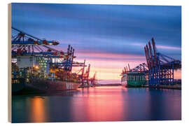 Cuadro de madera Sunset in the port of Hamburg - Nils Steiner
