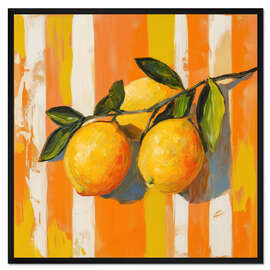 Gerahmter Kunstdruck Zitronen auf gestreiftem orangefarbenem Hintergrund