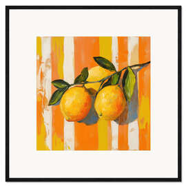 Gerahmter Kunstdruck Zitronen auf gestreiftem orangefarbenem Hintergrund