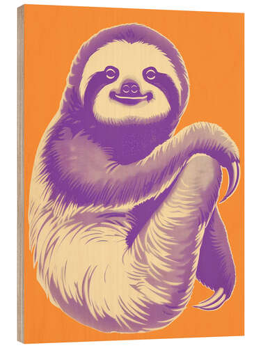 Wood print Funny sloth in purple and orange
