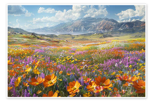 Plakat Blooming Valley, Colorful Wildflower Field with Mountain View