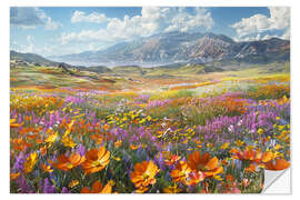 Naklejka na ścianę Blooming Valley, Colorful Wildflower Field with Mountain View - Dani Jay Designs