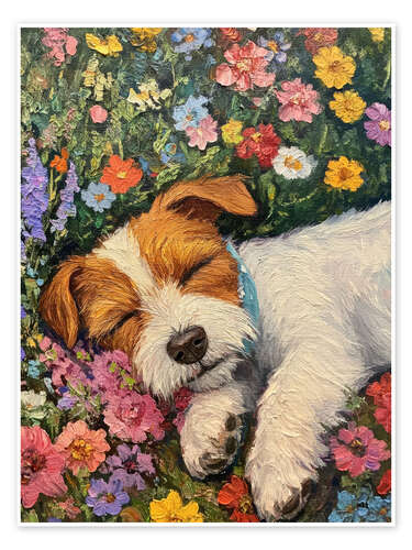 Poster Schlafender Hund im Frühlingsfeld
