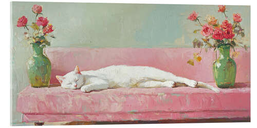 Acrylic print White Cat on a Pink Sofa