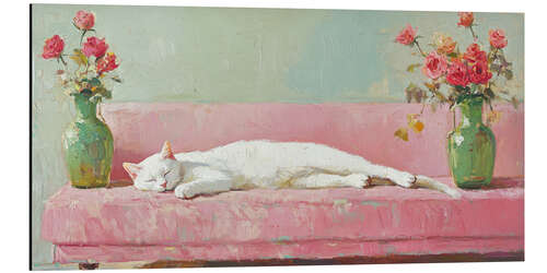 Aluminium print White Cat on a Pink Sofa