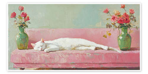 Póster White Cat on a Pink Sofa